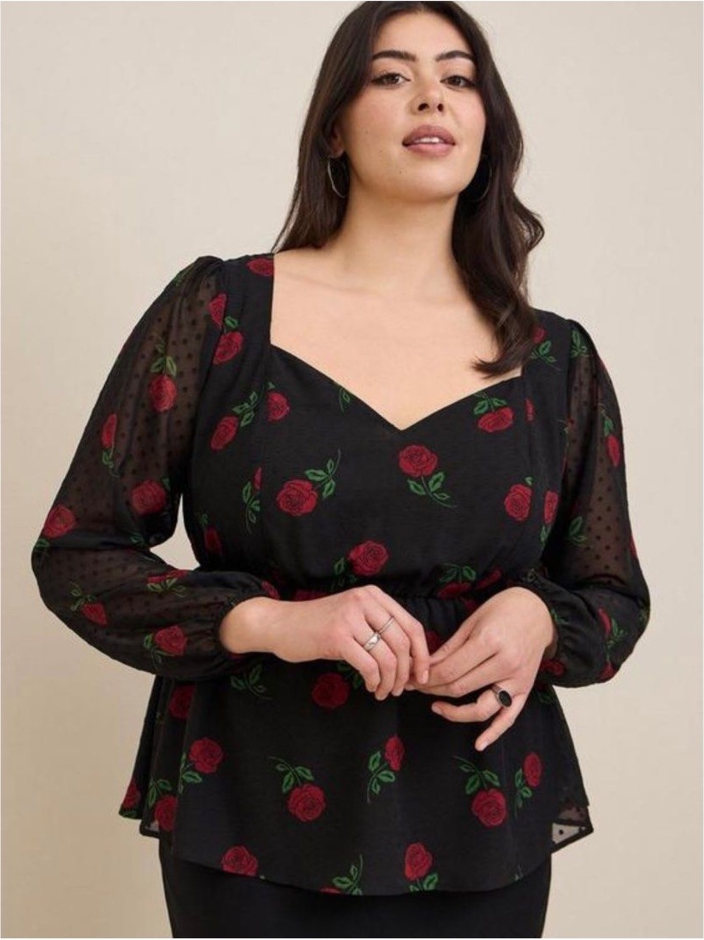 Torrid Plus Size 00 Black Red Roses Chiffon Clip Dot Puff Sleeve Blouse Top